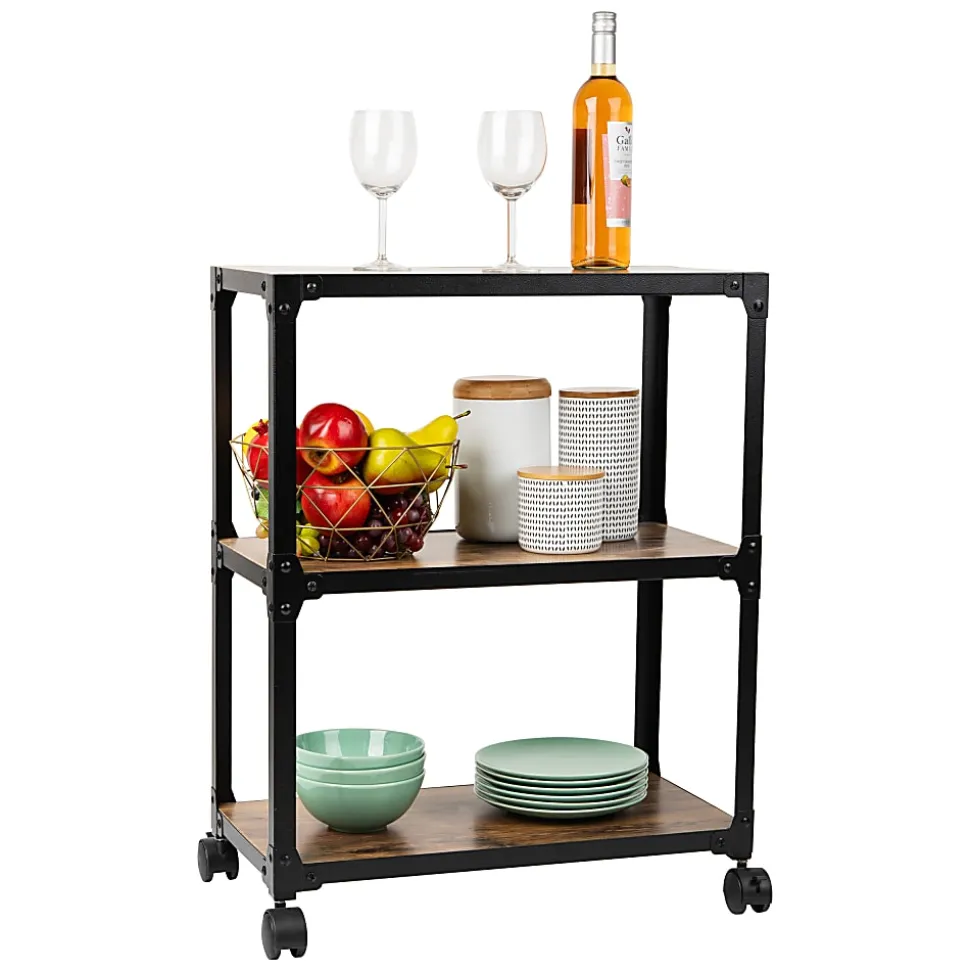 Mind Reader Multipurpose Rolling Cart with 3 Tiers, Mobile Office Storage Organizer, Metal, MDF, 29-1/2" H x 12" W x 23" L, Brown
