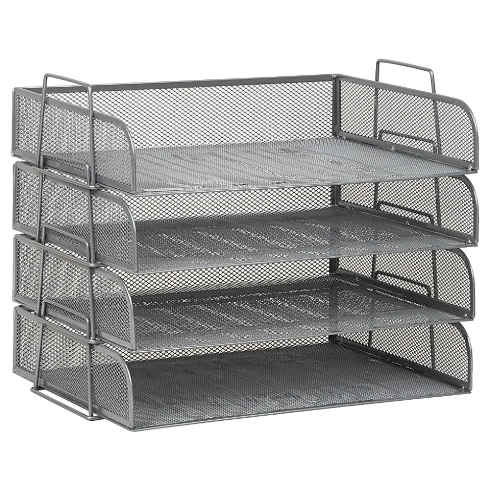 Mind Reader 4-Piece Stackable Paper Tray Desktop Organizer, 11-1/2”H x 9-3/4”W x 13-1/4”D, Silver