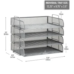 Mind Reader 4-Piece Stackable Paper Tray Desktop Organizer, 11-1/2”H x 9-3/4”W x 13-1/4”D, Silver