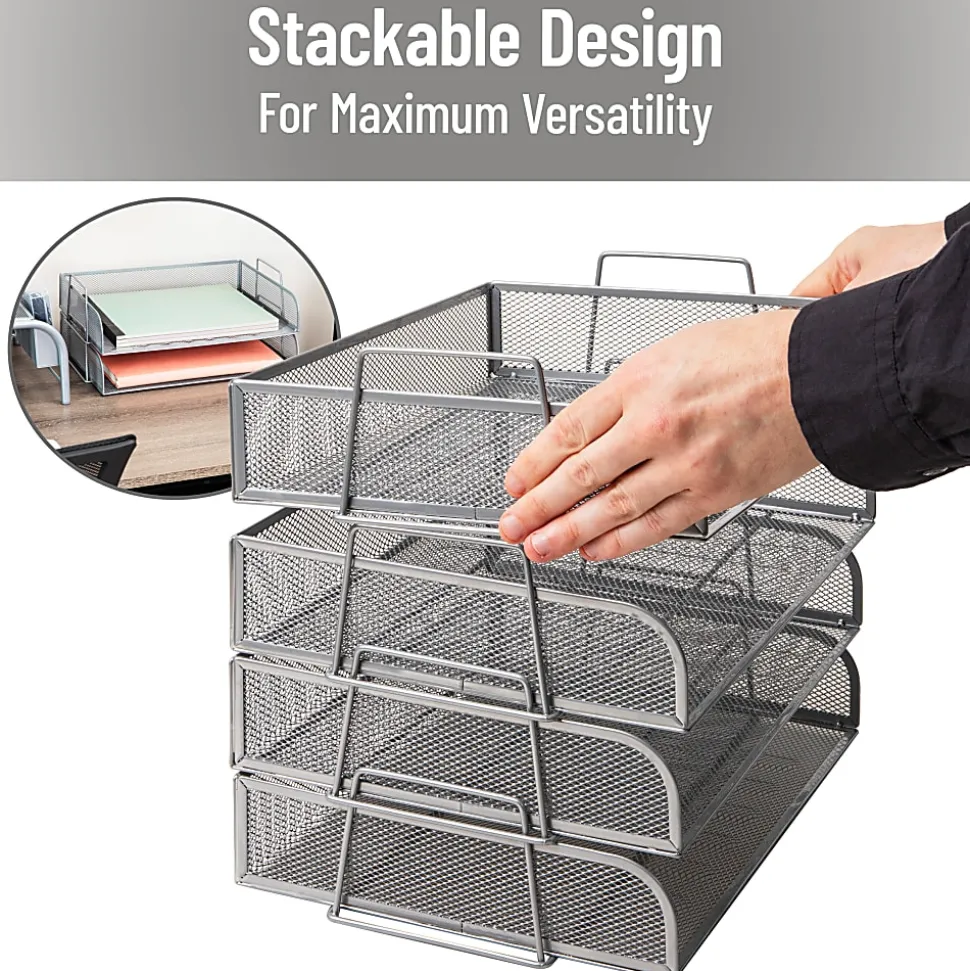 Mind Reader 4-Piece Stackable Paper Tray Desktop Organizer, 11-1/2”H x 9-3/4”W x 13-1/4”D, Silver