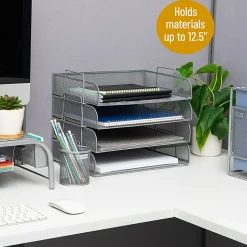 Mind Reader 4-Piece Stackable Paper Tray Desktop Organizer, 11-1/2”H x 9-3/4”W x 13-1/4”D, Silver