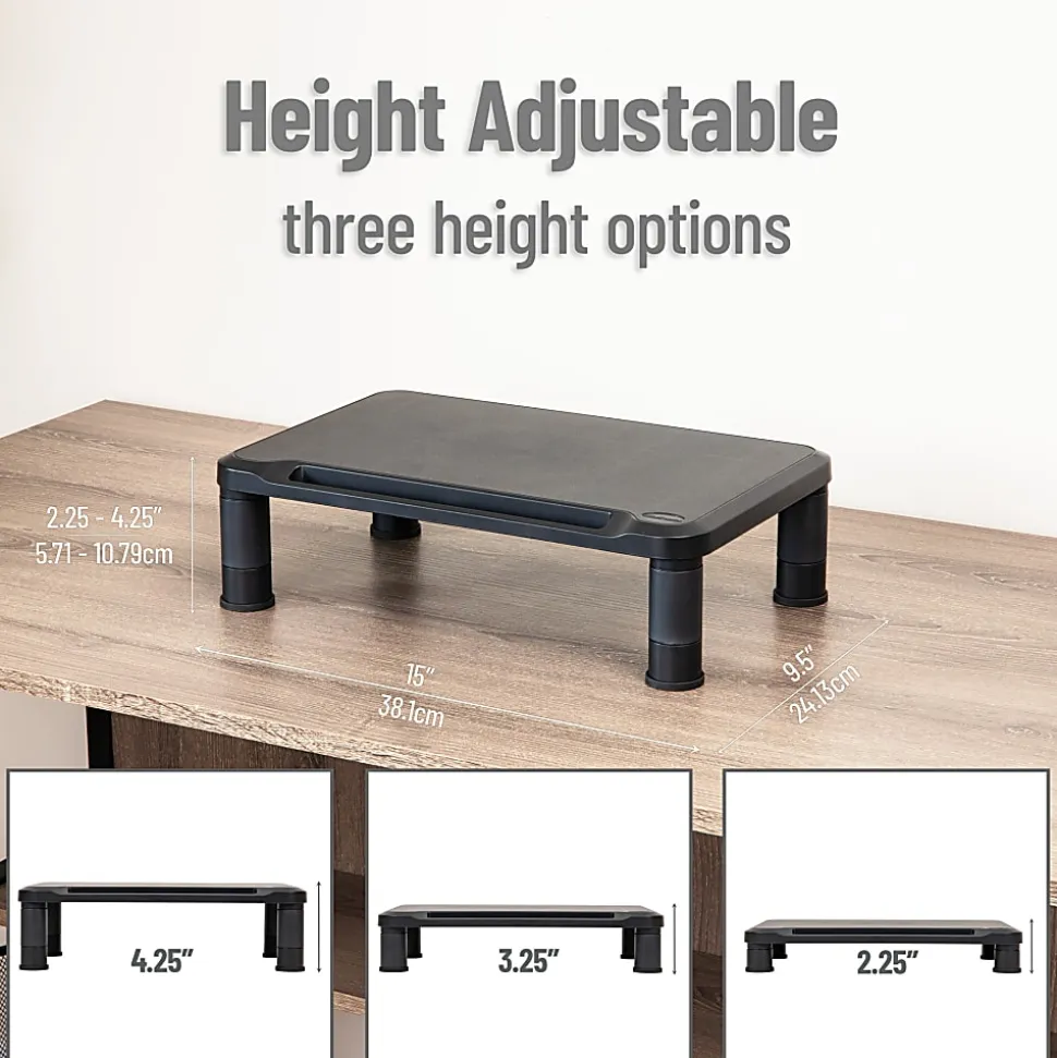 Mind Reader Plastic Monitor Stand Height Adjustable Laptop Computer Riser, 5-1/4"H x 10-1/2"W x 14-1/2"D, Black, Set of 2 Stands
