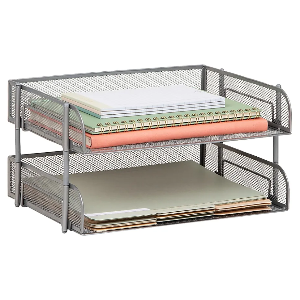 Mind Reader Stackable Desktop Organizer Paper Tray, 7-1/4”H x 10”W x 13-1/2”D, Silver, Set Of 2 Trays