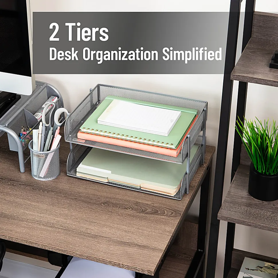 Mind Reader Stackable Desktop Organizer Paper Tray, 7-1/4”H x 10”W x 13-1/2”D, Silver, Set Of 2 Trays