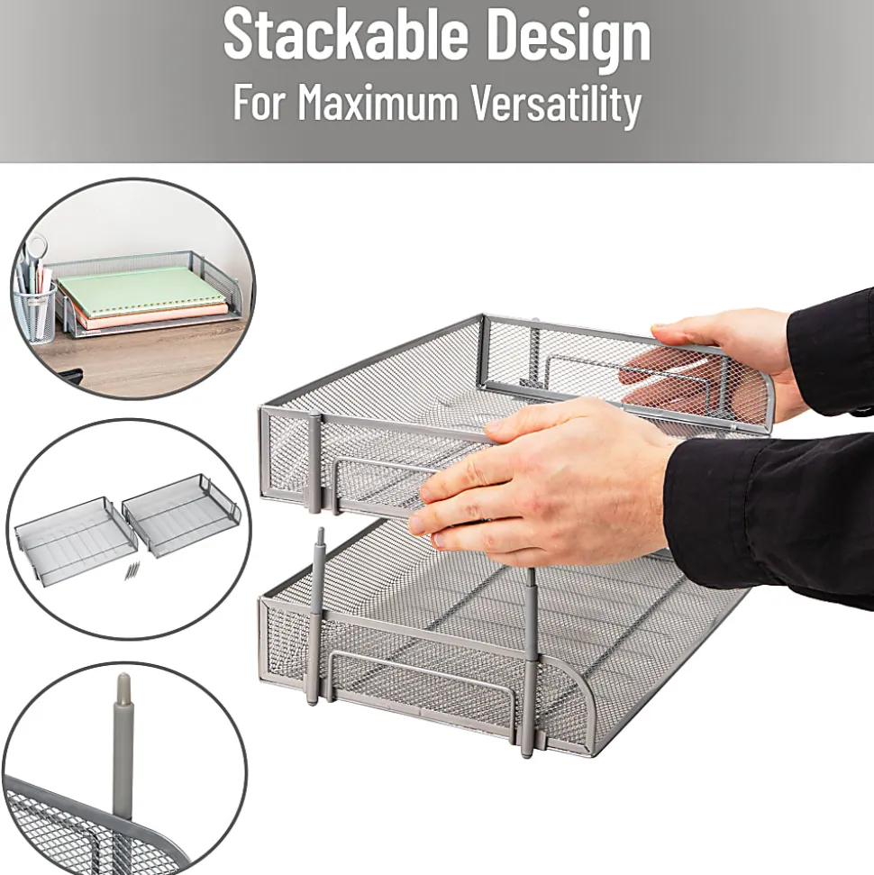 Mind Reader Stackable Desktop Organizer Paper Tray, 7-1/4”H x 10”W x 13-1/2”D, Silver, Set Of 2 Trays