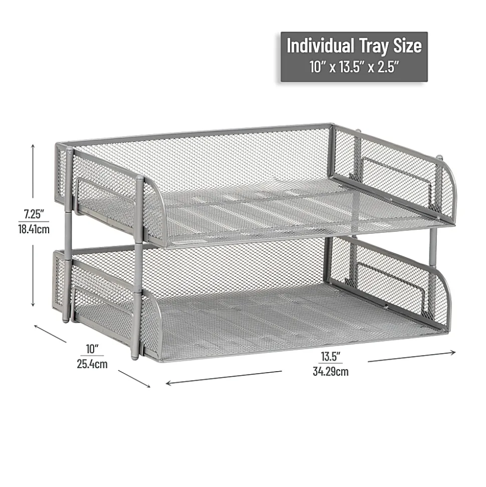 Mind Reader Stackable Desktop Organizer Paper Tray, 7-1/4”H x 10”W x 13-1/2”D, Silver, Set Of 2 Trays
