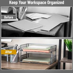 Mind Reader Stackable Desktop Organizer Paper Tray, 7-1/4”H x 10”W x 13-1/2”D, Silver, Set Of 2 Trays
