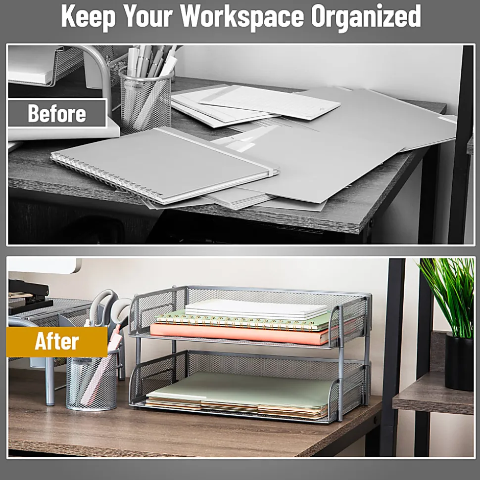 Mind Reader Stackable Desktop Organizer Paper Tray, 7-1/4”H x 10”W x 13-1/2”D, Silver, Set Of 2 Trays