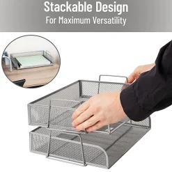 Mind Reader Stackable Paper Tray Desktop Organizer, 6-1/4”H x 9-3/4”W x 13-1/4”D, Silver