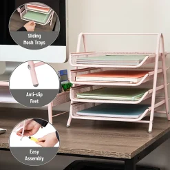 Mind Reader 4-Tier Desktop Organizer Paper Tray, 12-1/2”H x 13-3/4”W x 11-3/4”D, Pink
