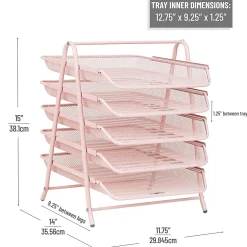 Mind Reader 5-Tier Paper Tray Desktop Organizer Metal Mesh, 15"H x 14"W x 11-3/4" L, Pink