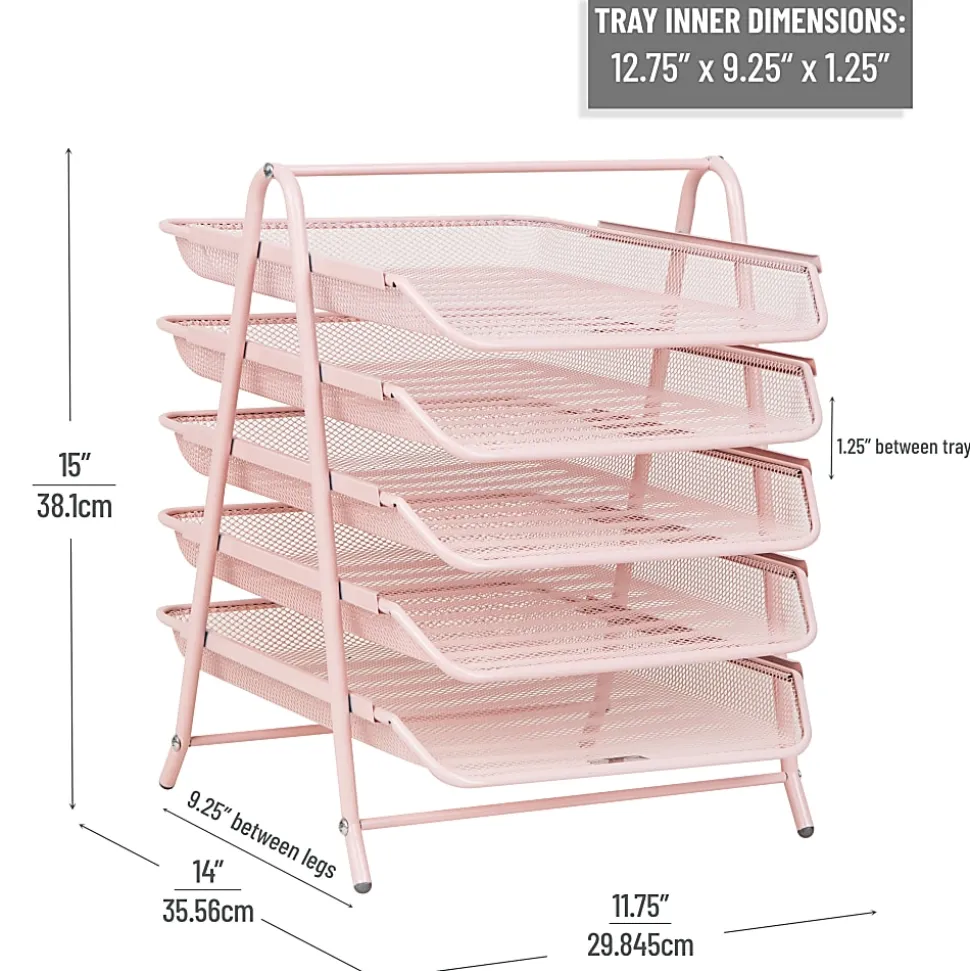 Mind Reader 5-Tier Paper Tray Desktop Organizer Metal Mesh, 15"H x 14"W x 11-3/4" L, Pink