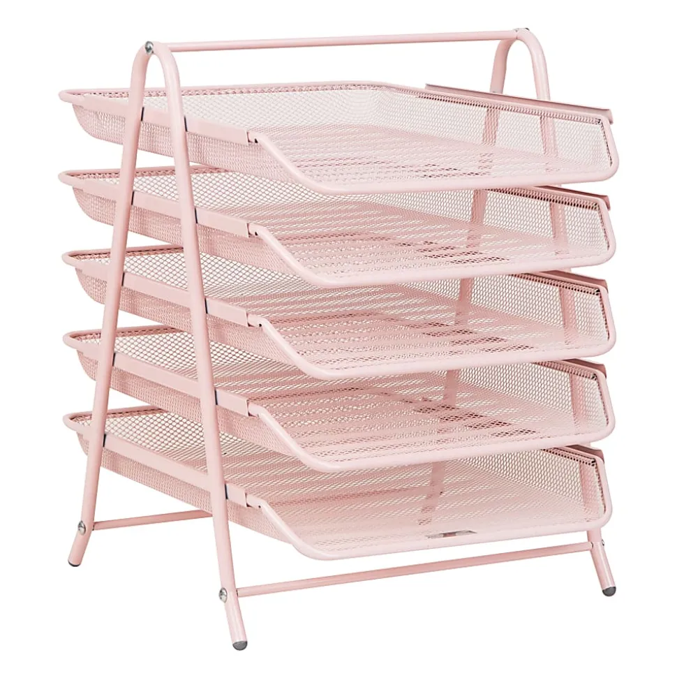 Mind Reader 5-Tier Paper Tray Desktop Organizer Metal Mesh, 15"H x 14"W x 11-3/4" L, Pink