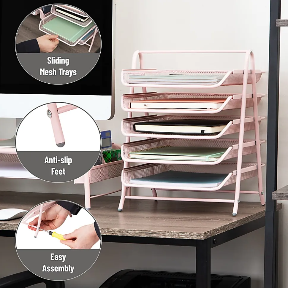 Mind Reader 5-Tier Paper Tray Desktop Organizer Metal Mesh, 15"H x 14"W x 11-3/4" L, Pink