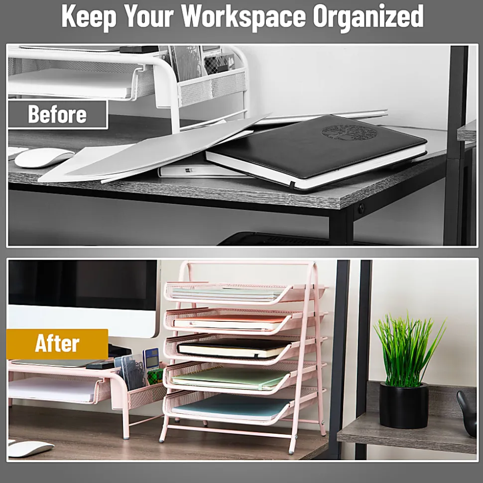 Mind Reader 5-Tier Paper Tray Desktop Organizer Metal Mesh, 15"H x 14"W x 11-3/4" L, Pink