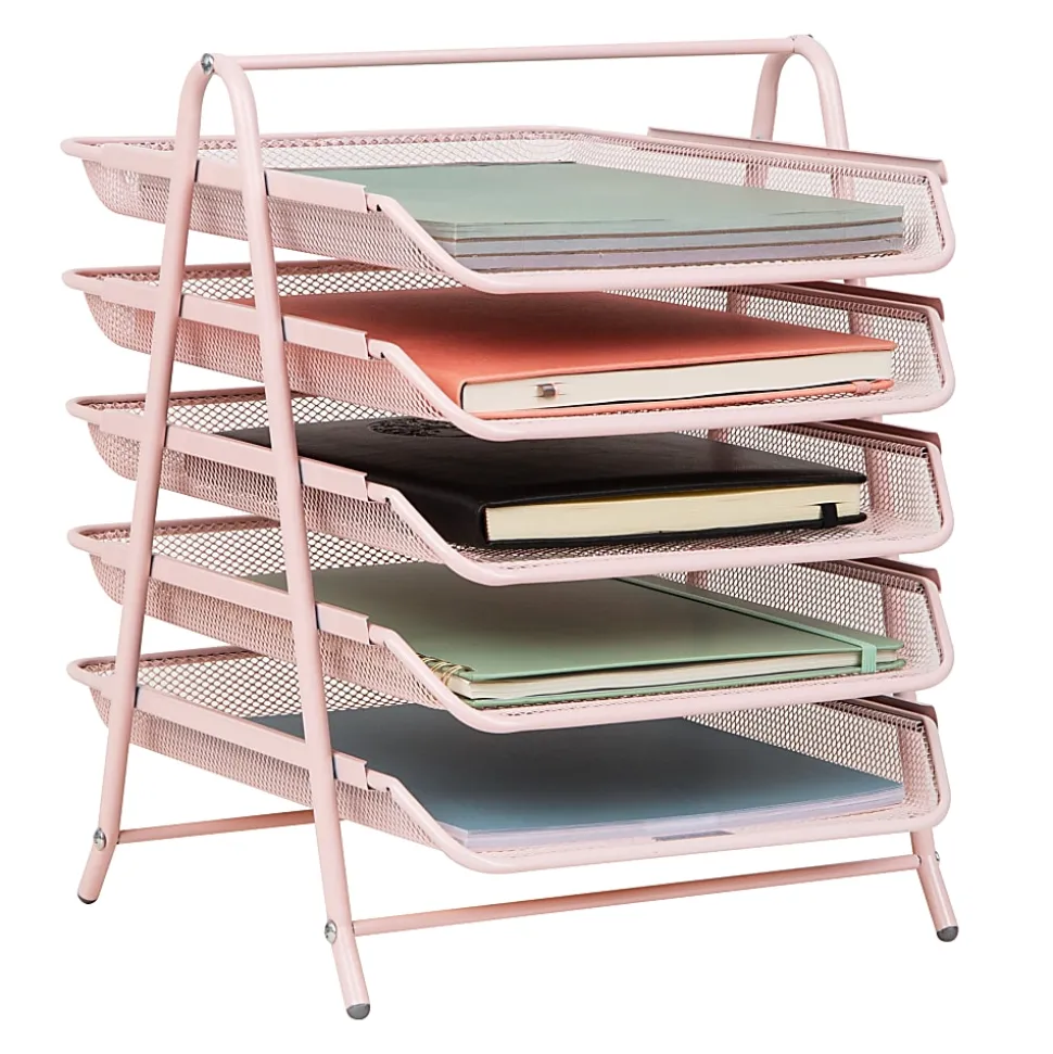 Mind Reader 5-Tier Paper Tray Desktop Organizer Metal Mesh, 15"H x 14"W x 11-3/4" L, Pink