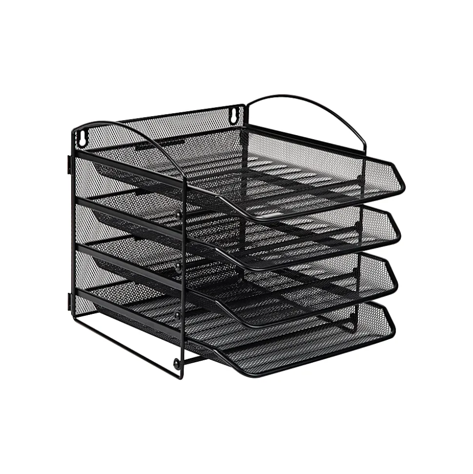 Mind Reader Wall Mountable 4-Tier Paper Tray Desktop Organizer, 11-1/2"H x 14-1/4"W x 11-1/2"D, Black