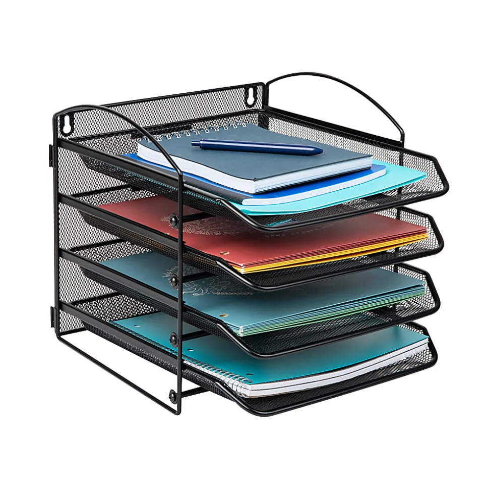 Mind Reader Wall Mountable 4-Tier Paper Tray Desktop Organizer, 11-1/2"H x 14-1/4"W x 11-1/2"D, Black