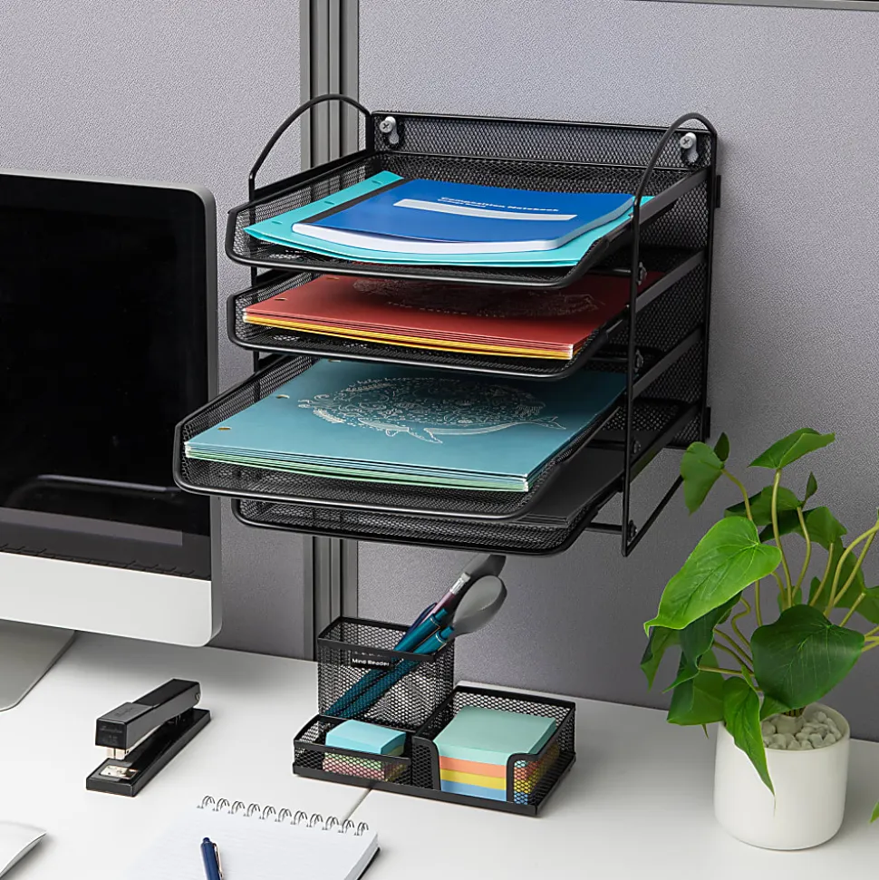 Mind Reader Wall Mountable 4-Tier Paper Tray Desktop Organizer, 11-1/2"H x 14-1/4"W x 11-1/2"D, Black