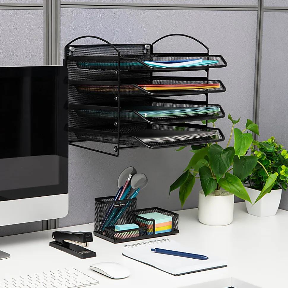 Mind Reader Wall Mountable 4-Tier Paper Tray Desktop Organizer, 11-1/2"H x 14-1/4"W x 11-1/2"D, Black