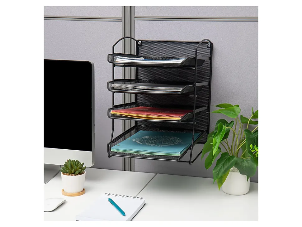 Mind Reader Wall Mountable 4-Tier Paper Tray Desktop Organizer, 11-1/2"H x 14-1/4"W x 11-1/2"D, Black