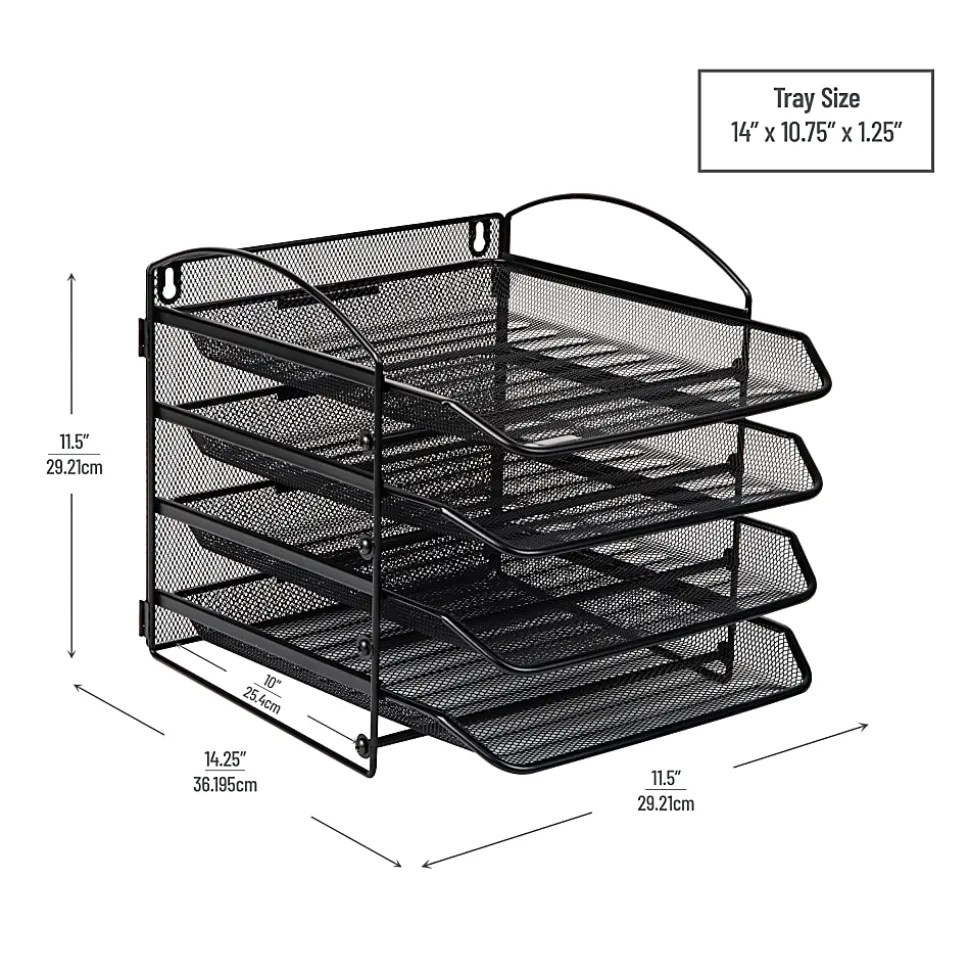 Mind Reader Wall Mountable 4-Tier Paper Tray Desktop Organizer, 11-1/2"H x 14-1/4"W x 11-1/2"D, Black