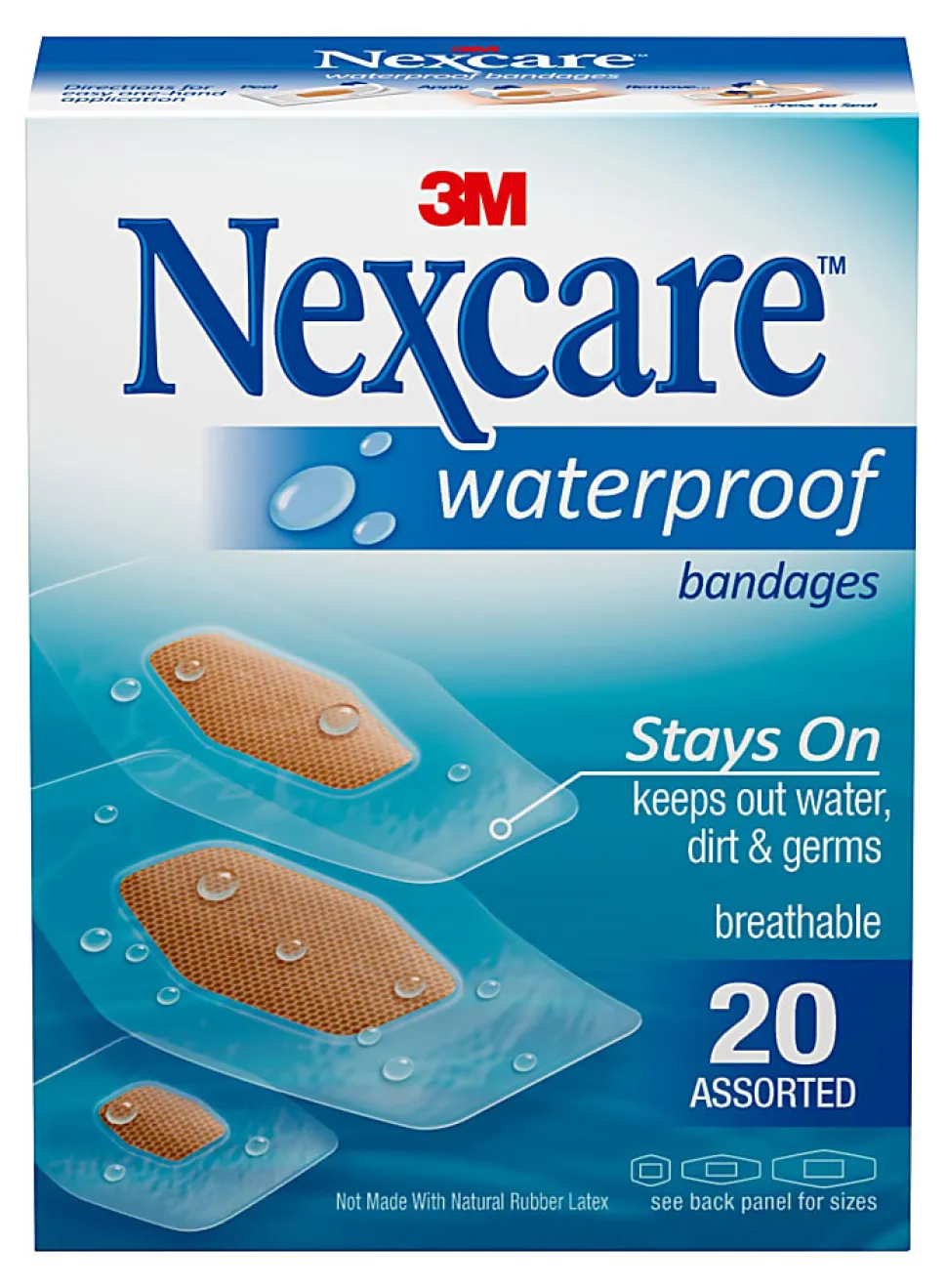3M™ Nexcare™ Waterproof Bandages, Assorted Sizes, Box Of 20