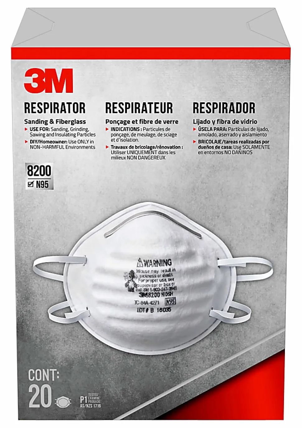 3M™ 8200 N95 Sanding and Fiberglass Respirator, White, 8200H20-DC, Pack of 20