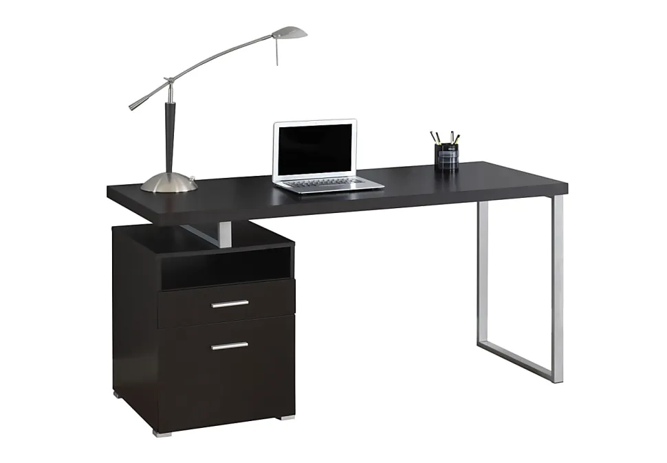 Monarch Specialties Contemporary 60"W Computer Desk With 2-Drawers And Open Shelf, Cappuccino/Silver