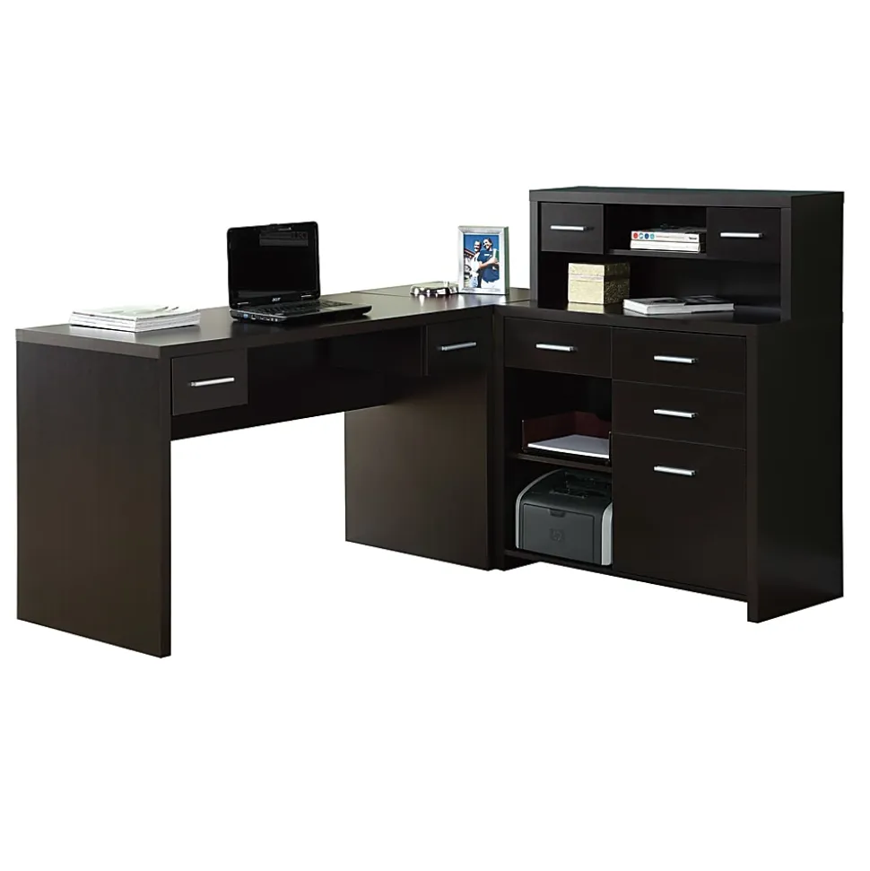 Monarch Specialties 63"W L-Shaped Corner Desk With Hutch, Cappuccino