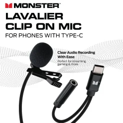 Monster Cable® Lavalier Clip-On Microphone, Type-C, Black