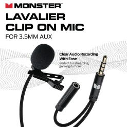Monster Cable® Lavalier Clip-On Microphone, Aux 3.5 mm, Black