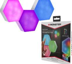 Monster Multi-Color LED Hexagon Touch Lightd With Magnet Mountd, 2-1/2” x 2-1/2”, Set Of 3 Lights