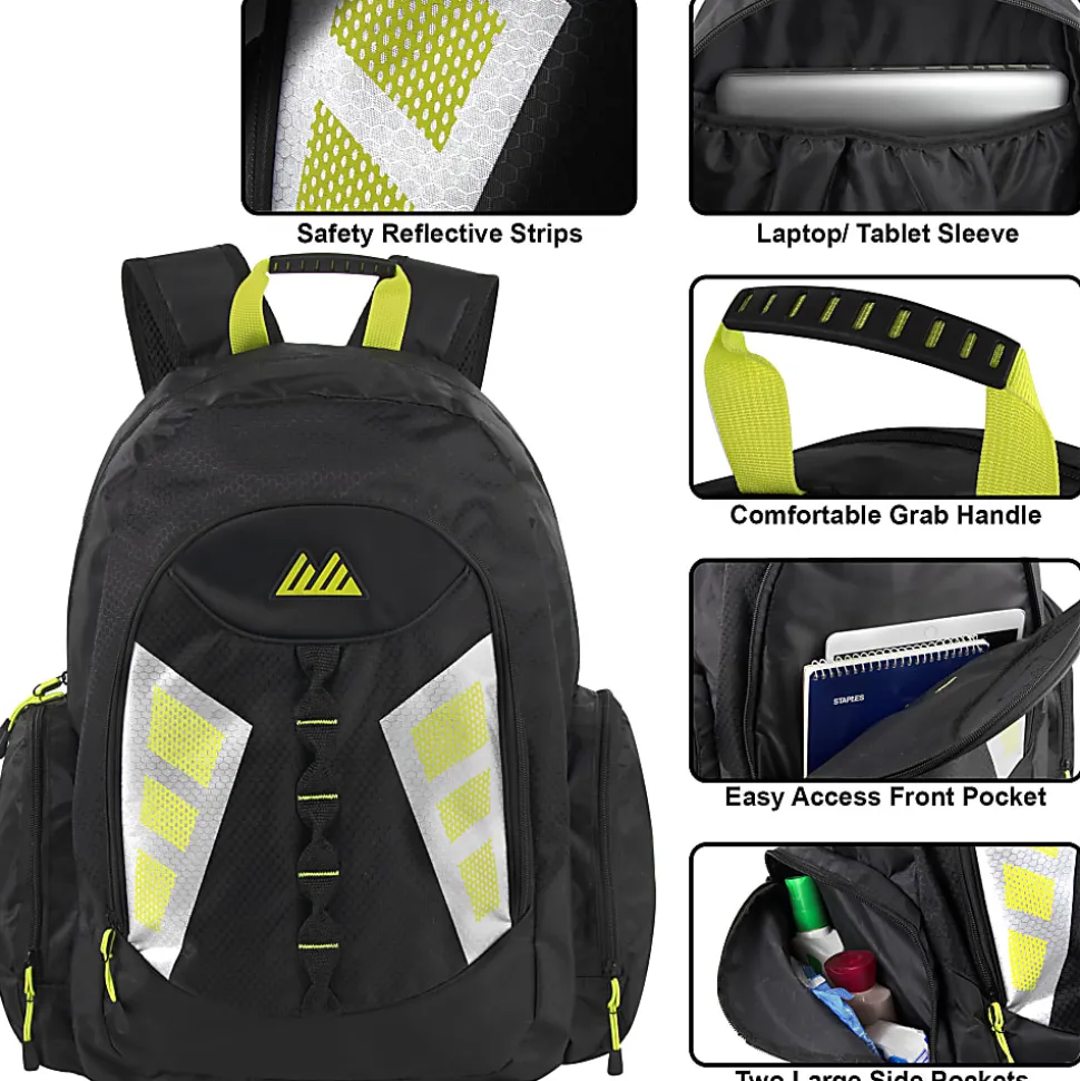 Mountain Edge Multi-Pocket Backpacks With 17" Laptop Sleeves, Black/Yellow, Case Of 24 Backpacks