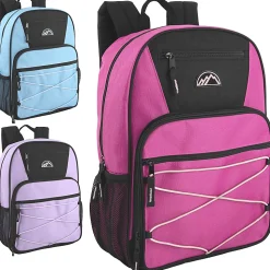 Mountain Edge Multi-Pocket Bungee Cord Sport Backpacks, Pink/Purple/Blue, Total Qty 24