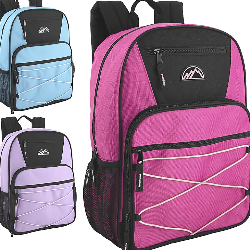 Mountain Edge Multi-Pocket Bungee Cord Sport Backpacks, Pink/Purple/Blue, Total Qty 24