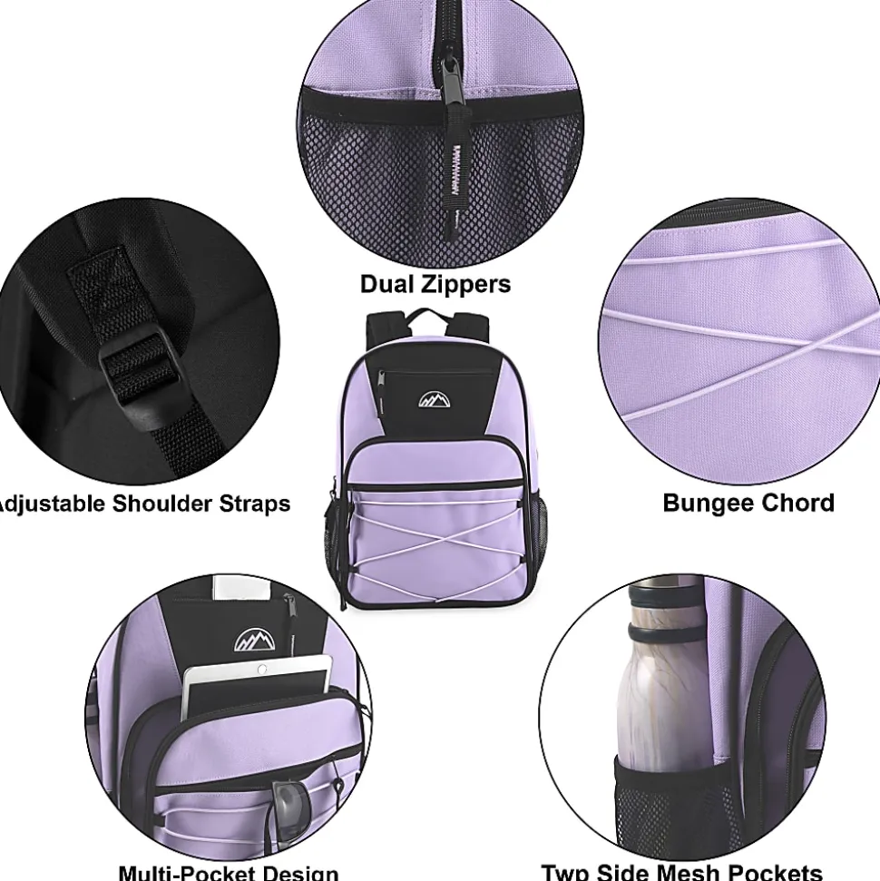 Mountain Edge Multi-Pocket Bungee Cord Sport Backpacks, Pink/Purple/Blue, Total Qty 24