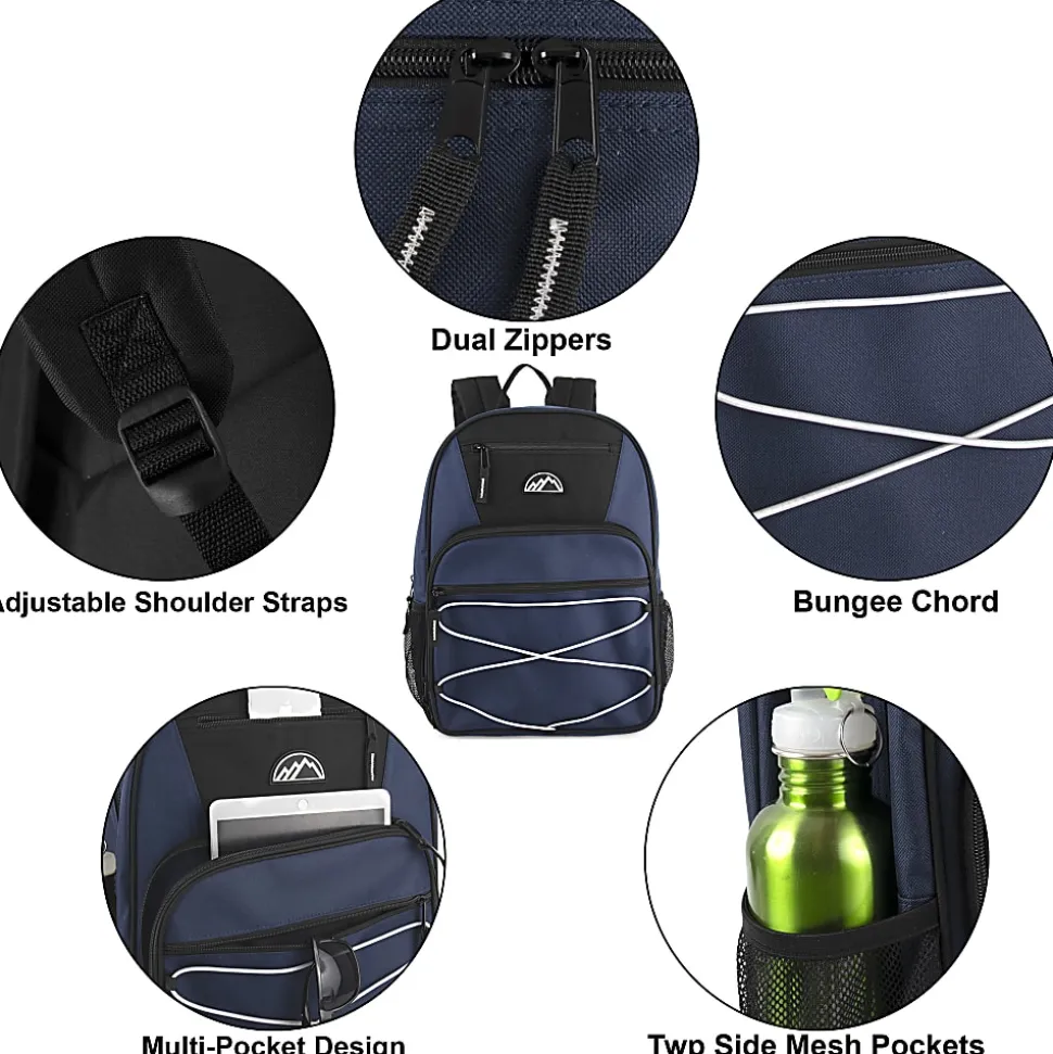 Mountain Edge Multi-Pocket Bungee Cord Sport Backpacks, Black/Blue/Gray, Total Qty 24