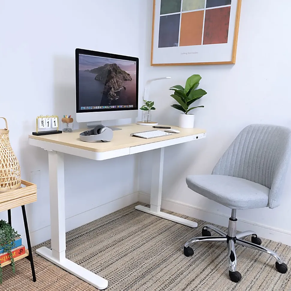 Mount-It! Compact 48"W Electric Standing Desk With Adjustable Height And Drawer, Maple