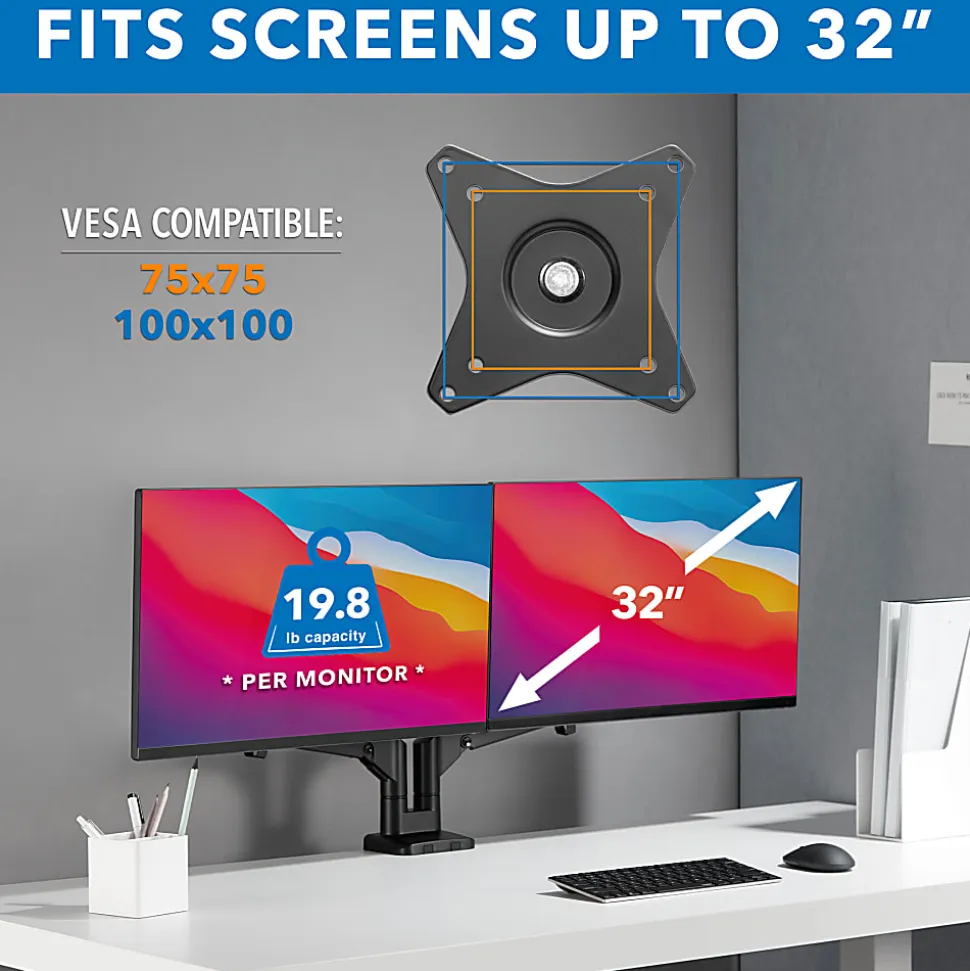 Mount-It! 32” Dual Monitor Mount With Low Profile Gas Spring Arms, Black