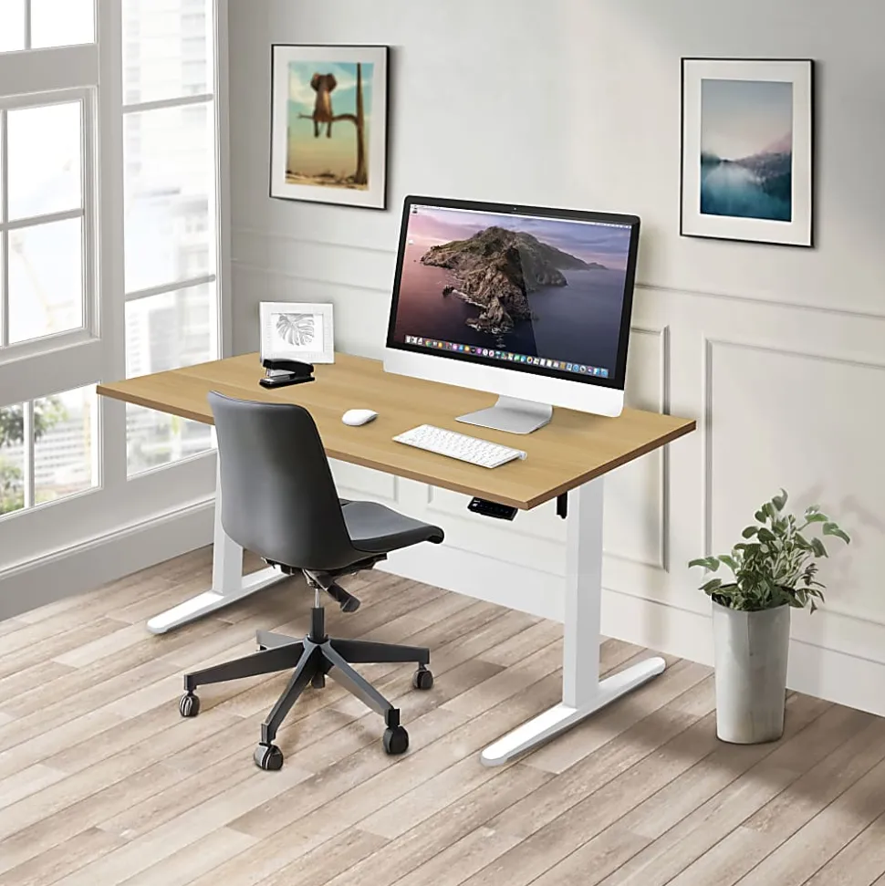 Mount-It! Electric Standing Desk With Adjustable Height And 55"W Tabletop, Maple, MI18085