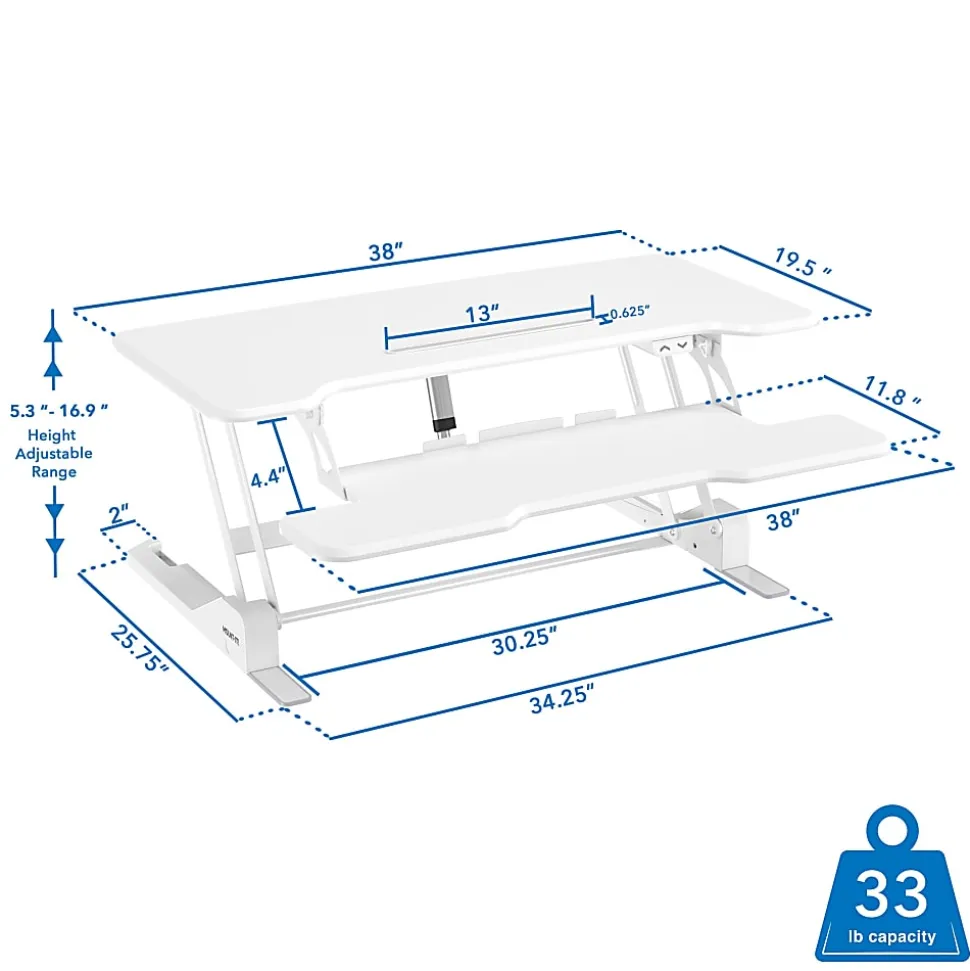 Mount-It! Electric Standing Desk Converter With Adjustable Height And 38"W Desktop, White