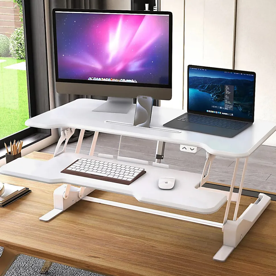 Mount-It! Electric Standing Desk Converter With Adjustable Height And 38"W Desktop, White