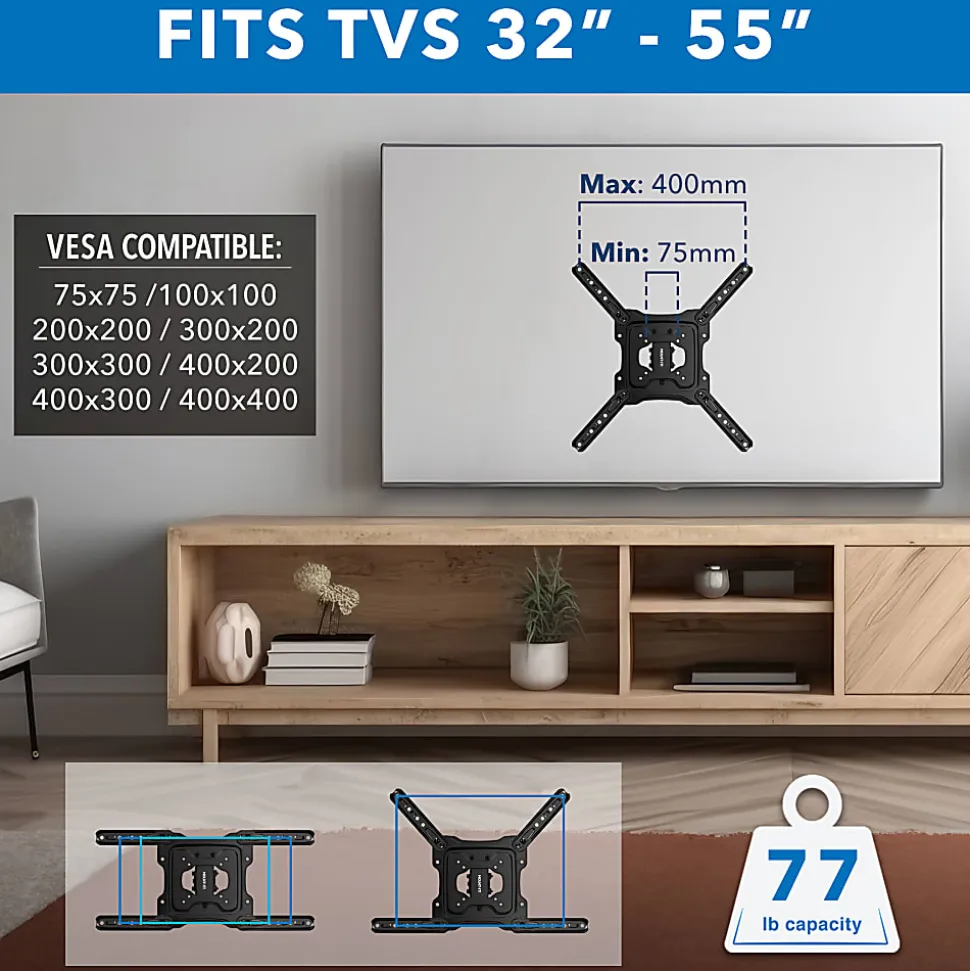 Mount-It! Full Motion TV Wall Mount For Screen Sizes 32" To 55", 2-1/2”H x 10-3/4”W x 14-5/16”D, Black
