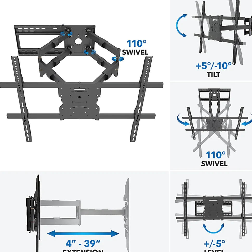 Mount-It! Heavy-Duty TV Wall Mount With Long Extension Arms For 60"-110" TVs, 11.5"H x 35"W x 8.25"D, Black