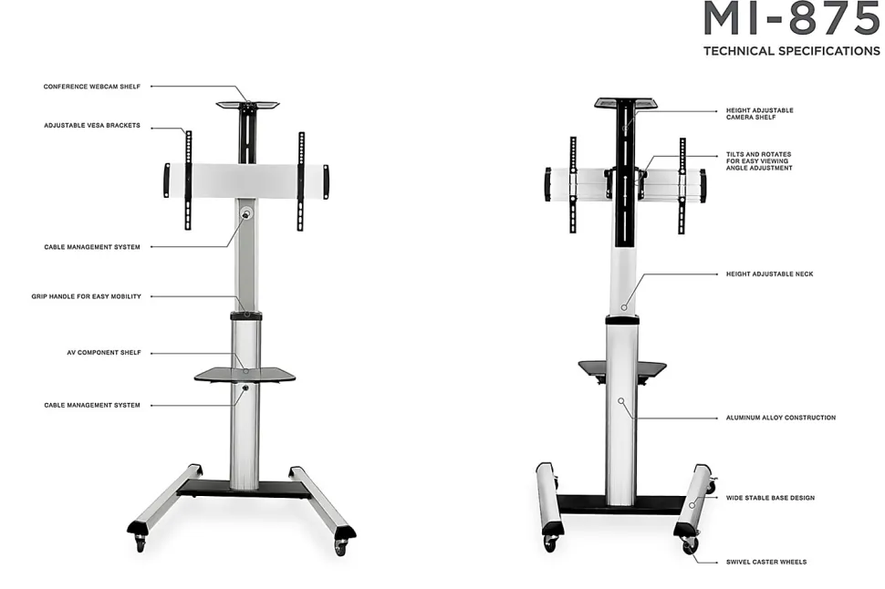 Mount-It! Height-Adjustable Rolling TV Cart For 32” - 70” TVs, Black