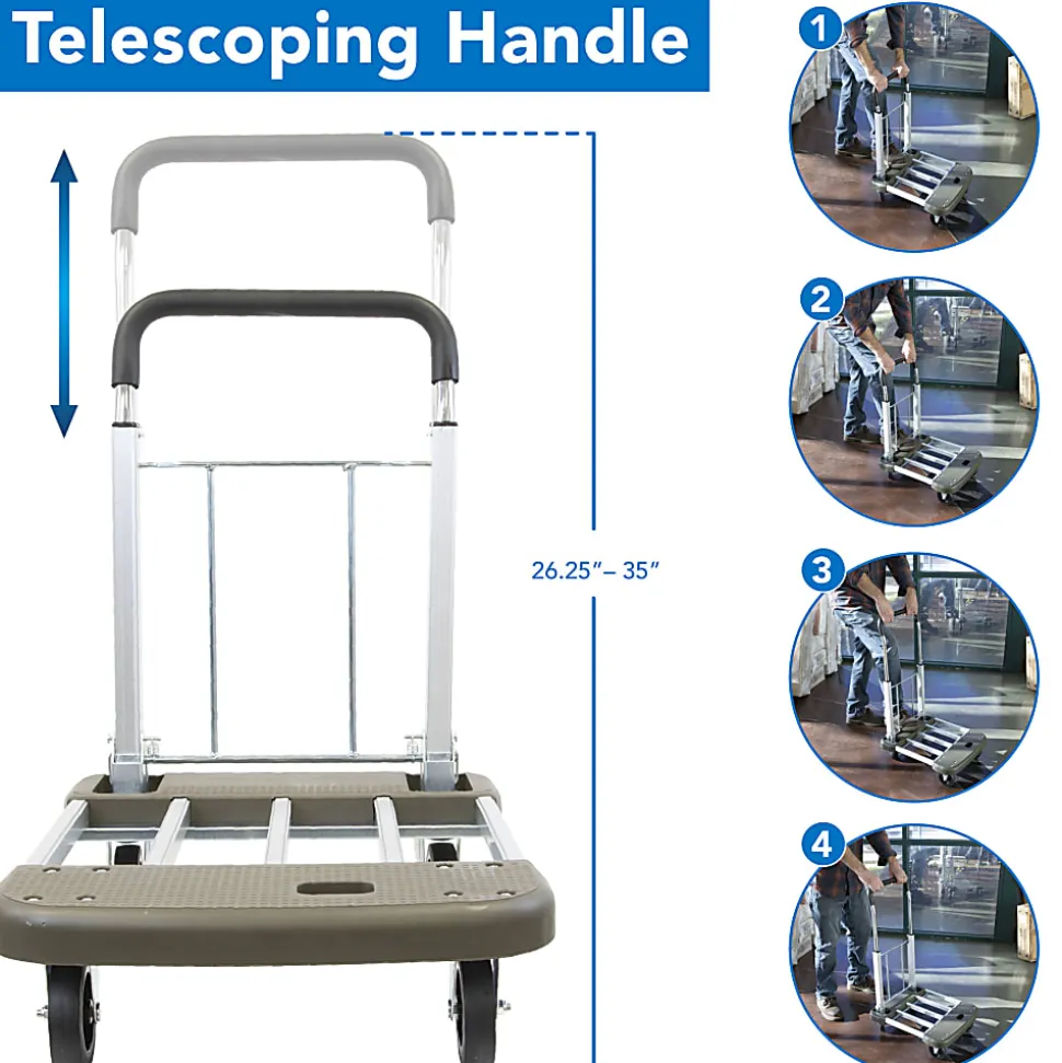 Mount-It! MI-950 Aluminum Heavy-Duty Folding Platform Hand Truck With Expandable Base, 35"H x 17-1/2"W x 29"D, Gray/Silver/Black