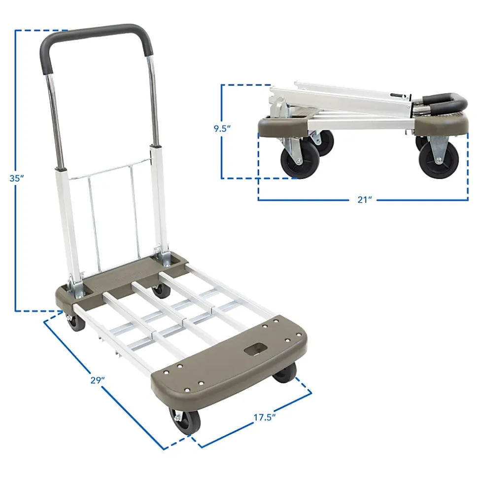 Mount-It! MI-950 Aluminum Heavy-Duty Folding Platform Hand Truck With Expandable Base, 35"H x 17-1/2"W x 29"D, Gray/Silver/Black
