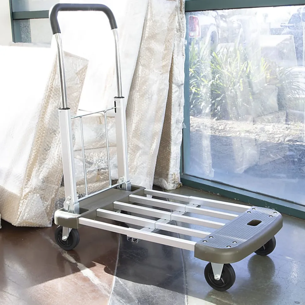 Mount-It! MI-950 Aluminum Heavy-Duty Folding Platform Hand Truck With Expandable Base, 35"H x 17-1/2"W x 29"D, Gray/Silver/Black