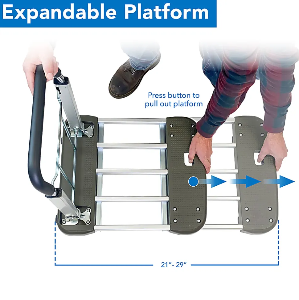 Mount-It! MI-950 Aluminum Heavy-Duty Folding Platform Hand Truck With Expandable Base, 35"H x 17-1/2"W x 29"D, Gray/Silver/Black